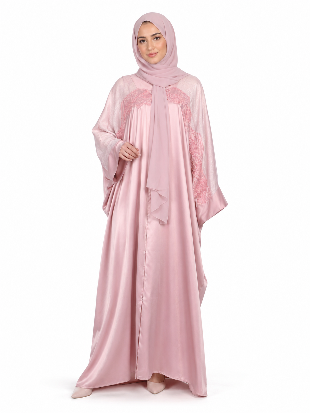 Blush Pink Lace Yoke Kaftaan Abaya